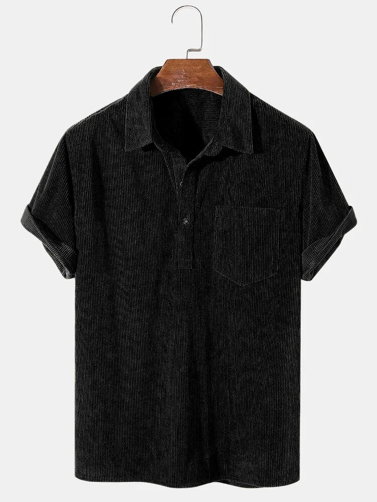 Corduroy Shirt - Short Sleeve - Loose Fit - Polo Shirt - Men's Shirts-Chaps of London-Black-S-Chaps of London