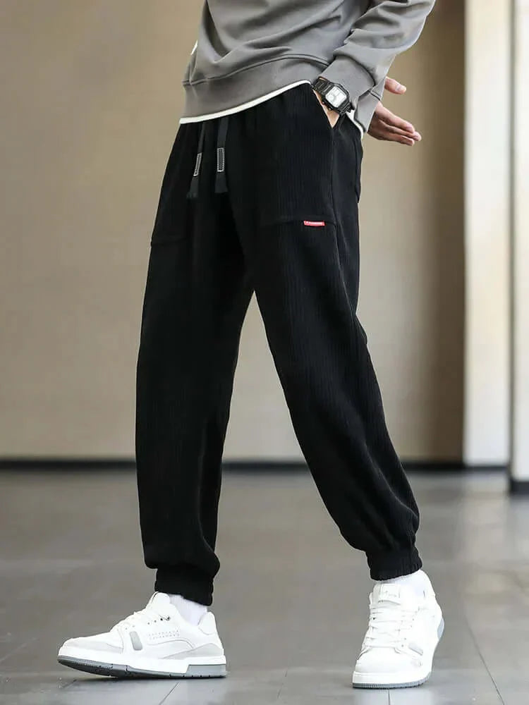 Corduroy Sweatpants | Loose Fit | Drawstring | Joggers | Men's Pants-Chaps Herrenmode-Black-M-Chaps of London