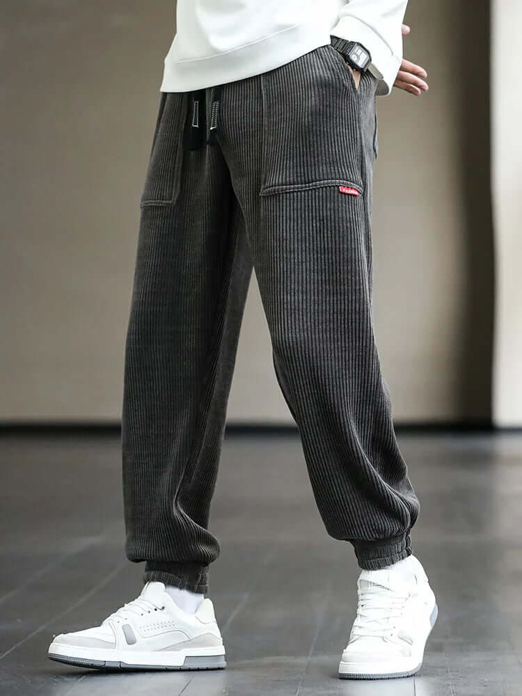 Corduroy Sweatpants | Loose Fit | Drawstring | Joggers | Men's Pants-Chaps Herrenmode-Gray-M-Chaps of London
