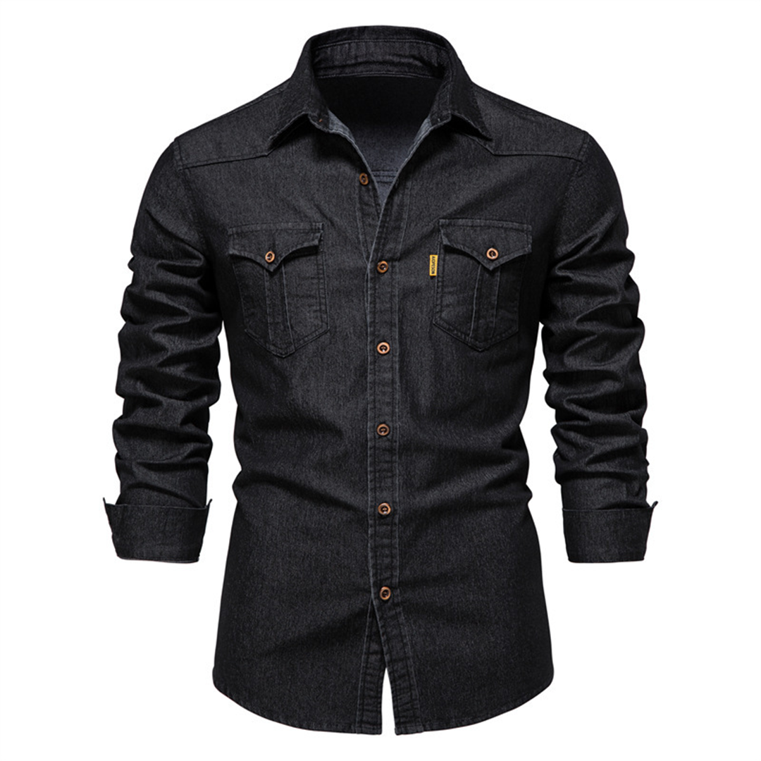 Denim Shirt | Button-Up | Collared | Long Sleeve Shirt | Men's Shirt-Chaps of London-Black-S-Chaps of London