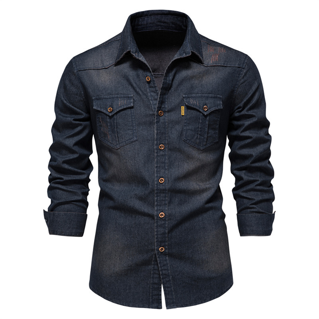 Denim Shirt | Button-Up | Collared | Long Sleeve Shirt | Men's Shirt-Chaps of London-Navy Blue-S-Chaps of London