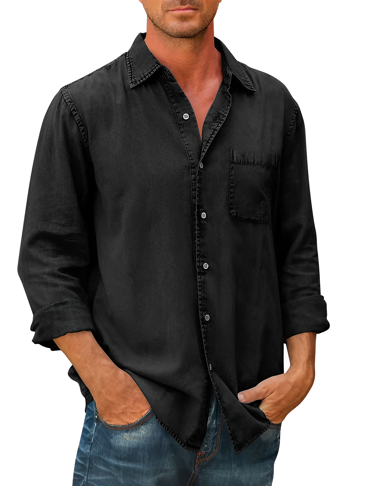 Denim Shirt | Collared | Button-Up | Long Sleeve Shirt | Men's Clothing-Chaps of London-Black-S-Chaps of London