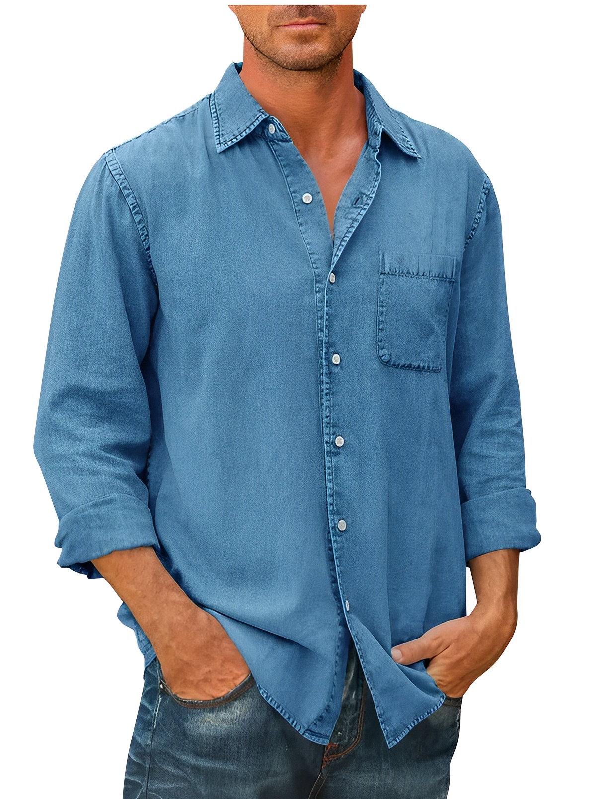 Denim Shirt | Collared | Button-Up | Long Sleeve Shirt | Men's Clothing-Chaps of London-Blue-S-Chaps of London