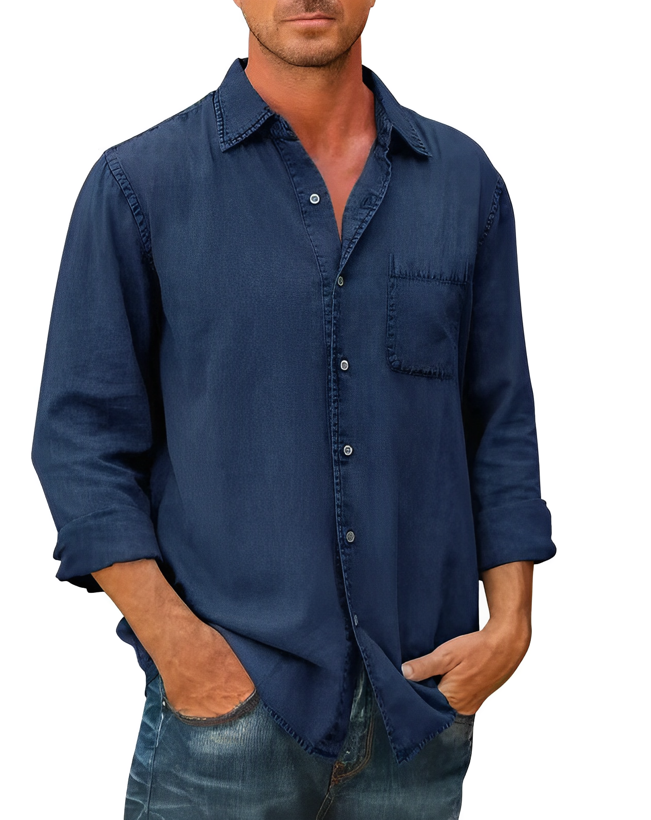 Denim Shirt | Collared | Button-Up | Long Sleeve Shirt | Men's Clothing-Chaps of London-Dark Blue-S-Chaps of London