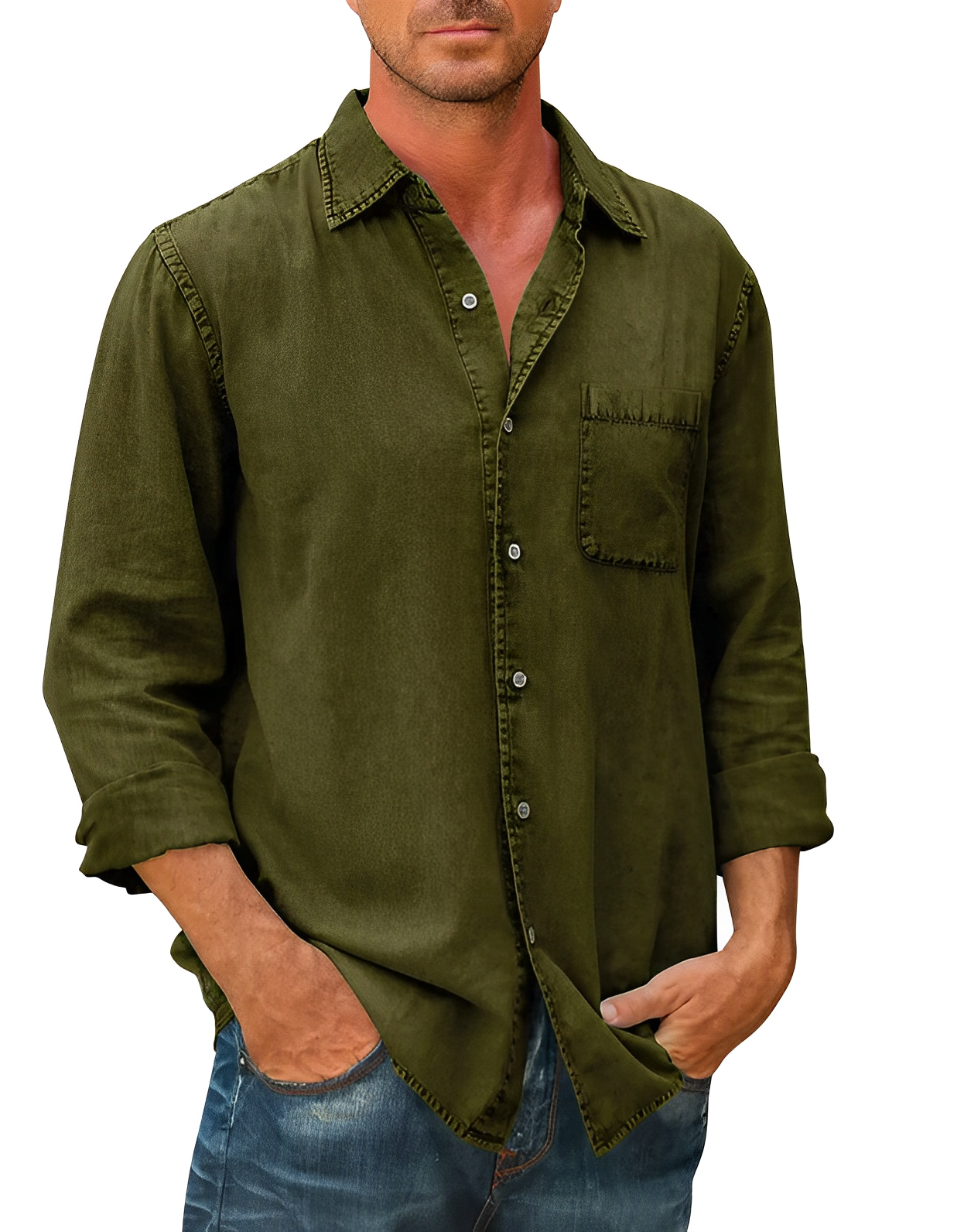 Denim Shirt | Collared | Button-Up | Long Sleeve Shirt | Men's Clothing-Chaps of London-Green-S-Chaps of London