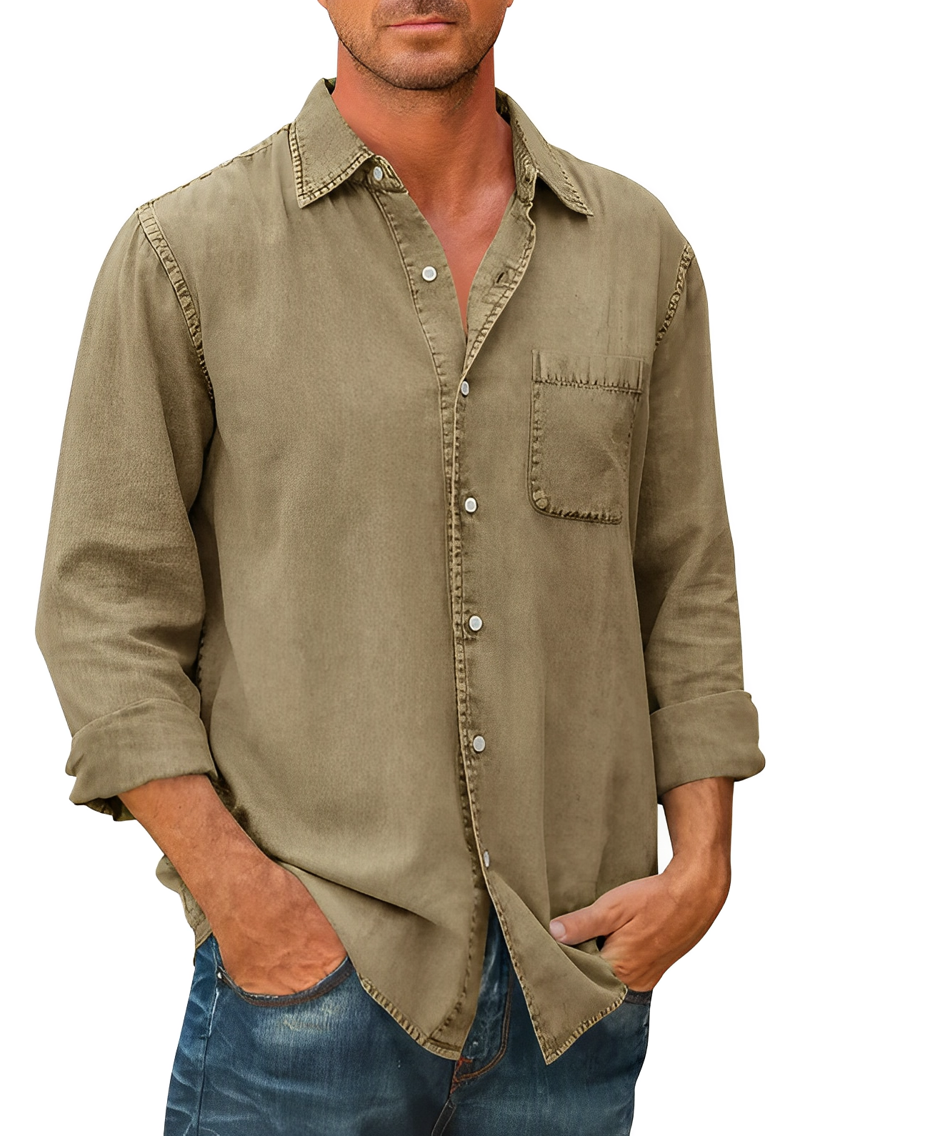 Denim Shirt | Collared | Button-Up | Long Sleeve Shirt | Men's Clothing-Chaps of London-Khaki-S-Chaps of London