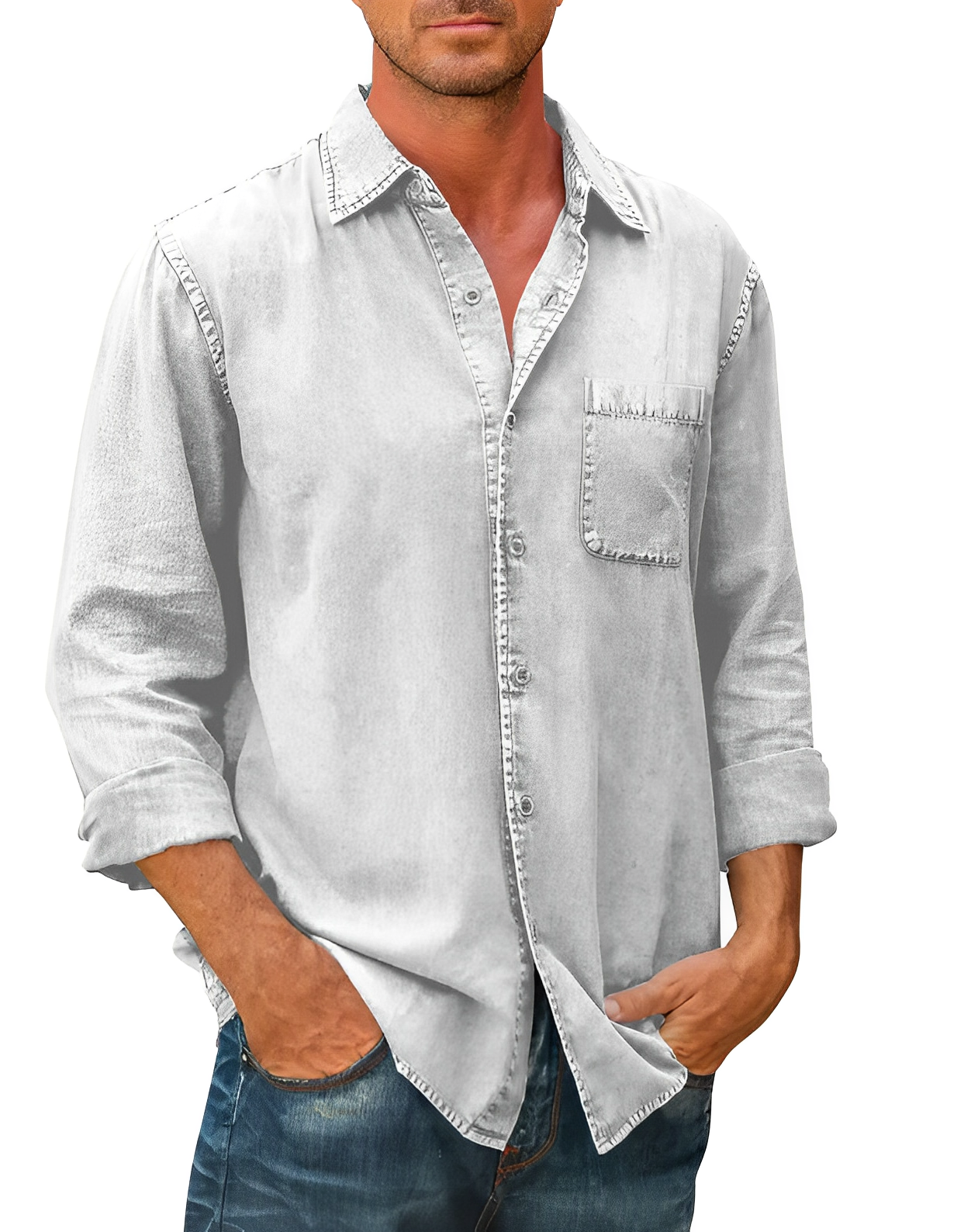 Denim Shirt | Collared | Button-Up | Long Sleeve Shirt | Men's Clothing-Chaps of London-White-S-Chaps of London