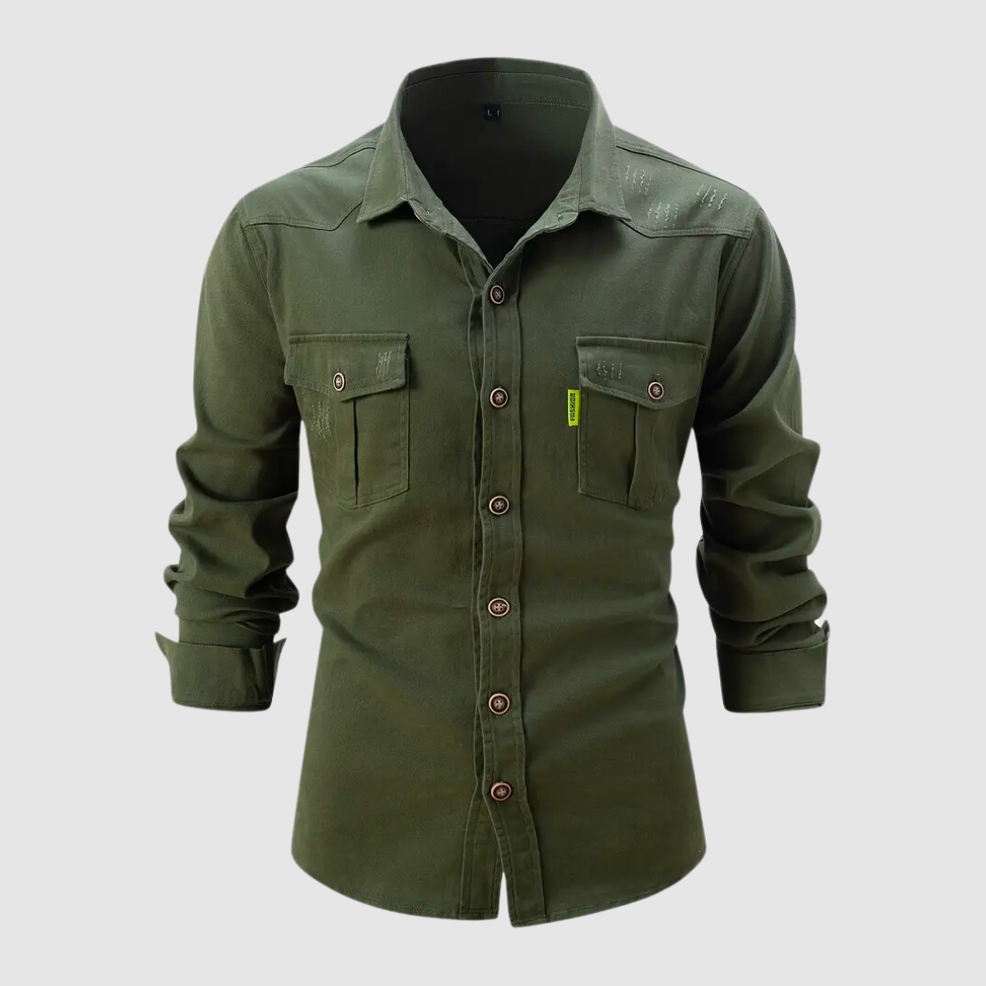 Denim Shirt - Men's Long Sleeve Button-Up Shirt with Breast Pockets-Chaps of London-Army Green-S-Chaps of London
