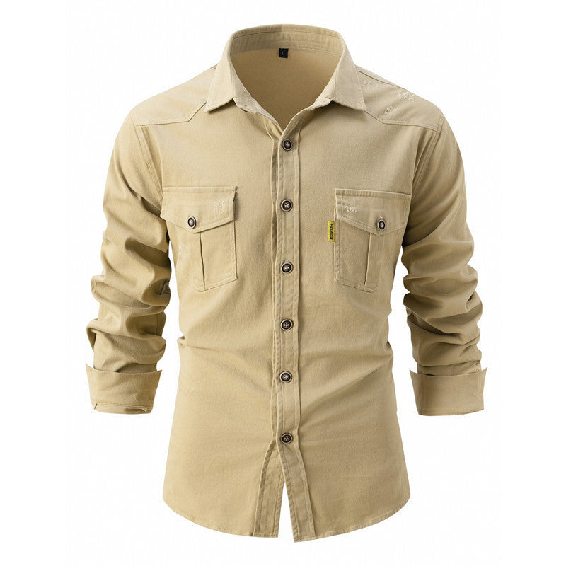 Denim Shirt - Men's Long Sleeve Button-Up Shirt with Breast Pockets-Chaps of London-Khaki-S-Chaps of London