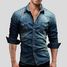 Denim Shirt - Men's Slim Fit Long Sleeve Buttoned Up Shirt-Chaps of London-Dark Blue-M-Chaps of London