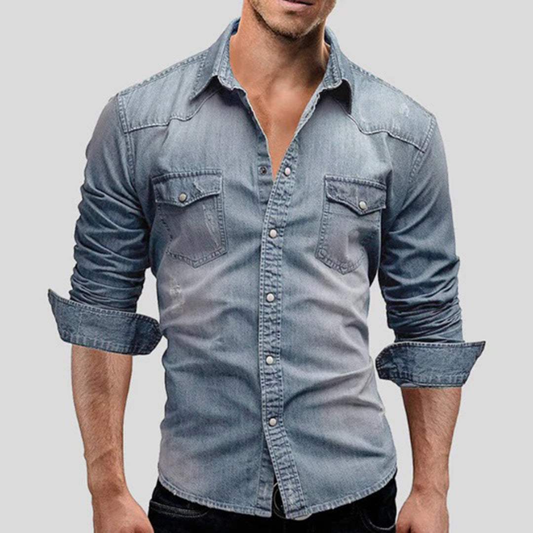 Denim Shirt - Men's Slim Fit Long Sleeve Buttoned Up Shirt-Chaps of London-Light Blue-M-Chaps of London