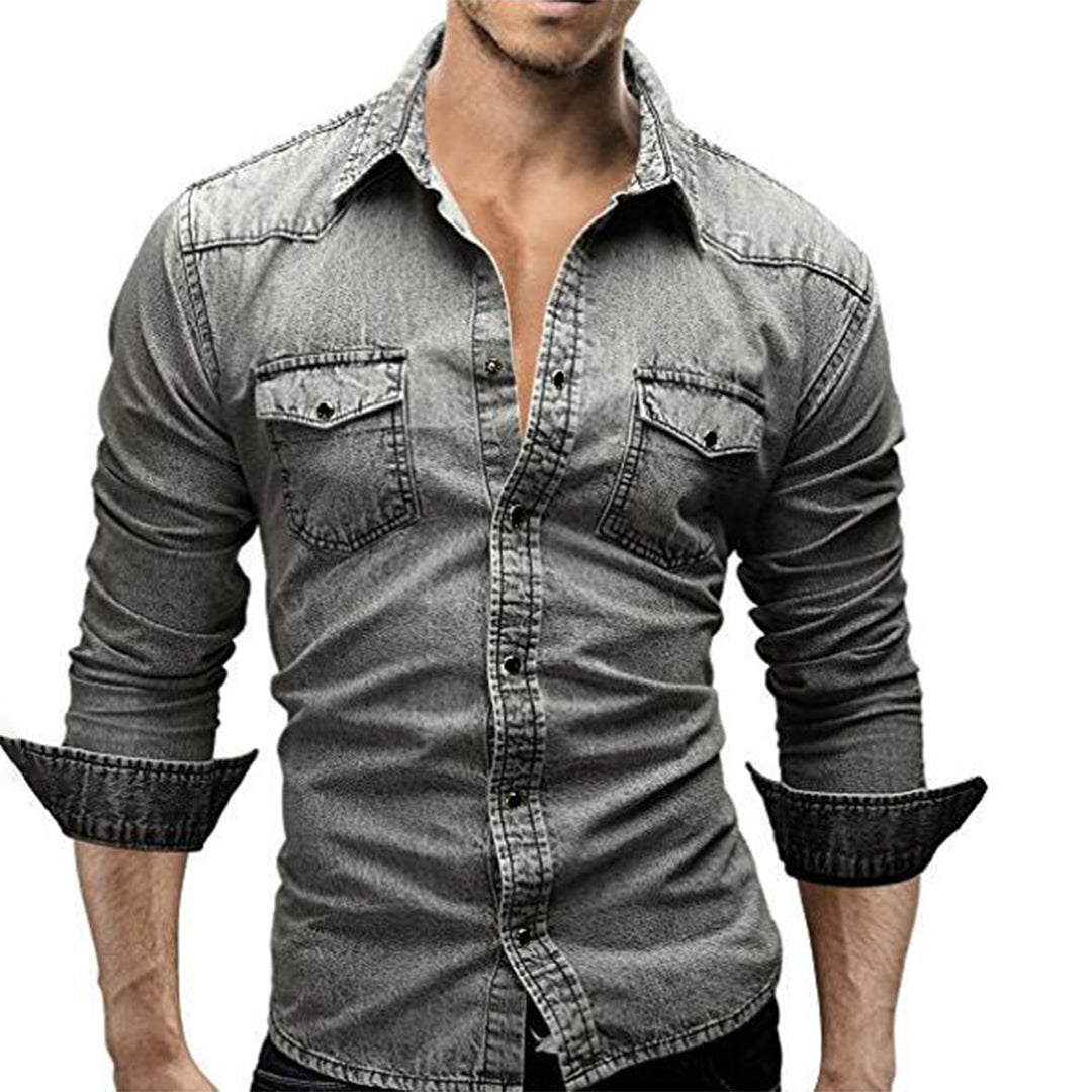 Denim Shirt - Men's Slim Fit Long Sleeve Buttoned Up Shirt-Chaps of London-Light Grey-M-Chaps of London