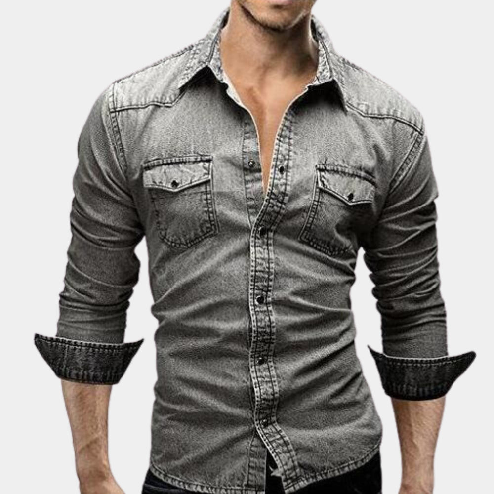 Denim Shirt - Slim Fit - Long Sleeve - Buttoned Up Shirt - Men's Shirts-Fashion Men Shirt Denim All-year-Chaps of London-Light Gray-M-Chaps of London