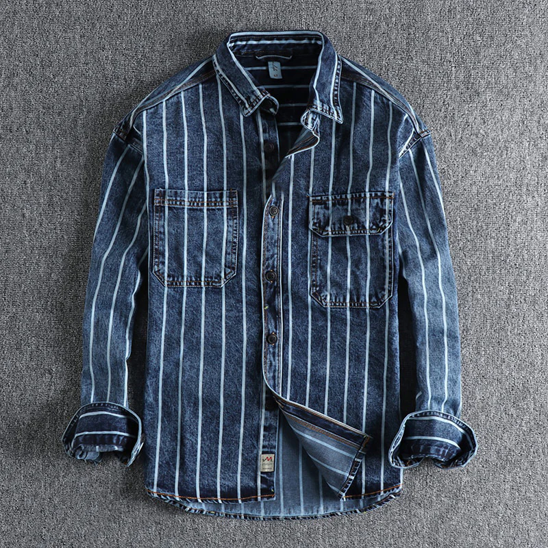 Denim Shirt - Striped - Long Sleeve - Button-Up - Men's Clothing-Shirt-Chaps of London-Dark Blue-S-Chaps of London