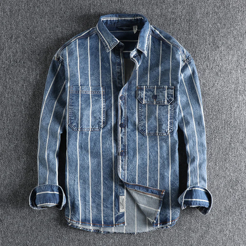 Denim Shirt - Striped - Long Sleeve - Button-Up - Men's Clothing-Shirt-Chaps of London-Light Blue-M-Chaps of London