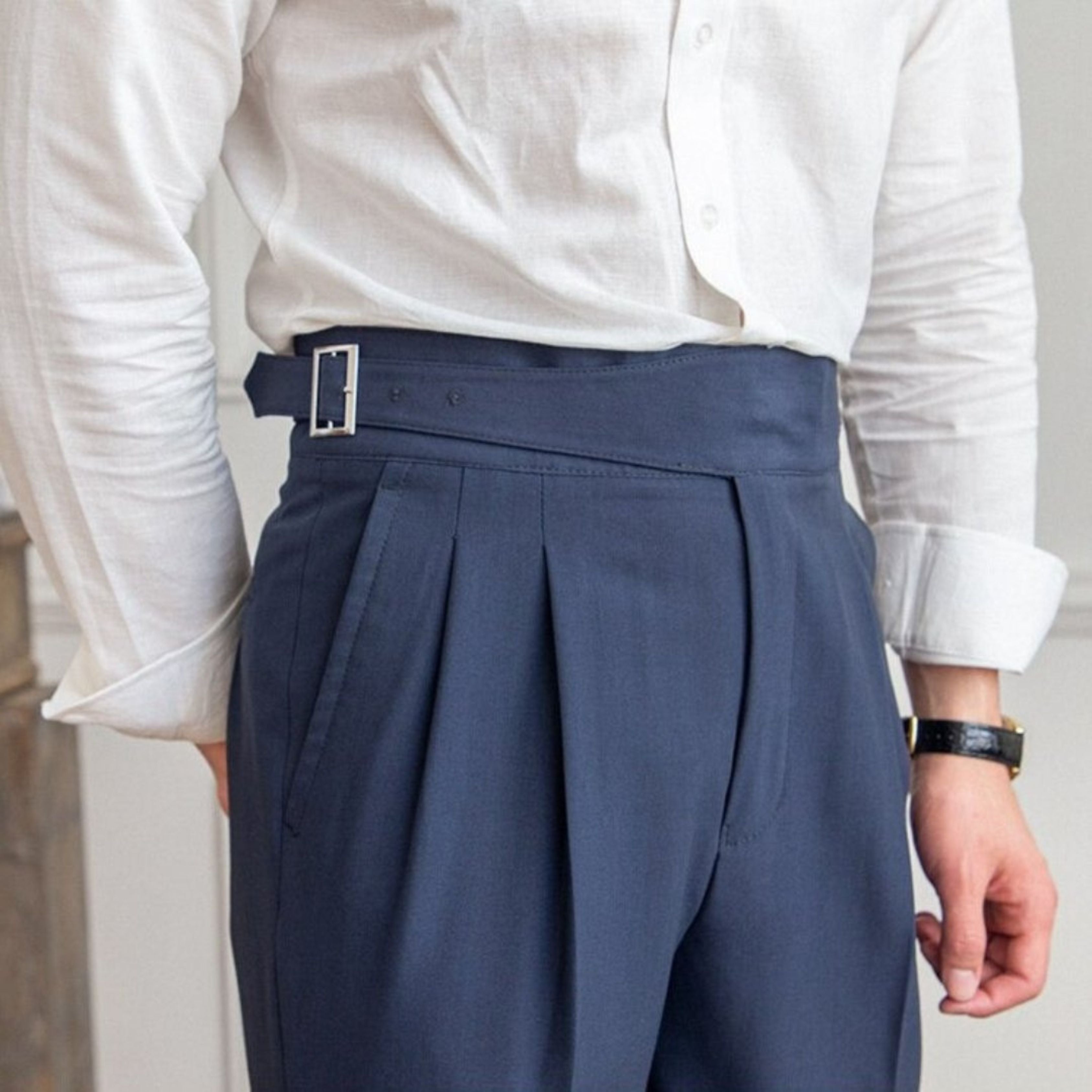 Dress Pants - Adjustable - High Waisted - Pleated Trousers - Men's Trousers-Chaps of London-Blue-28-Chaps of London