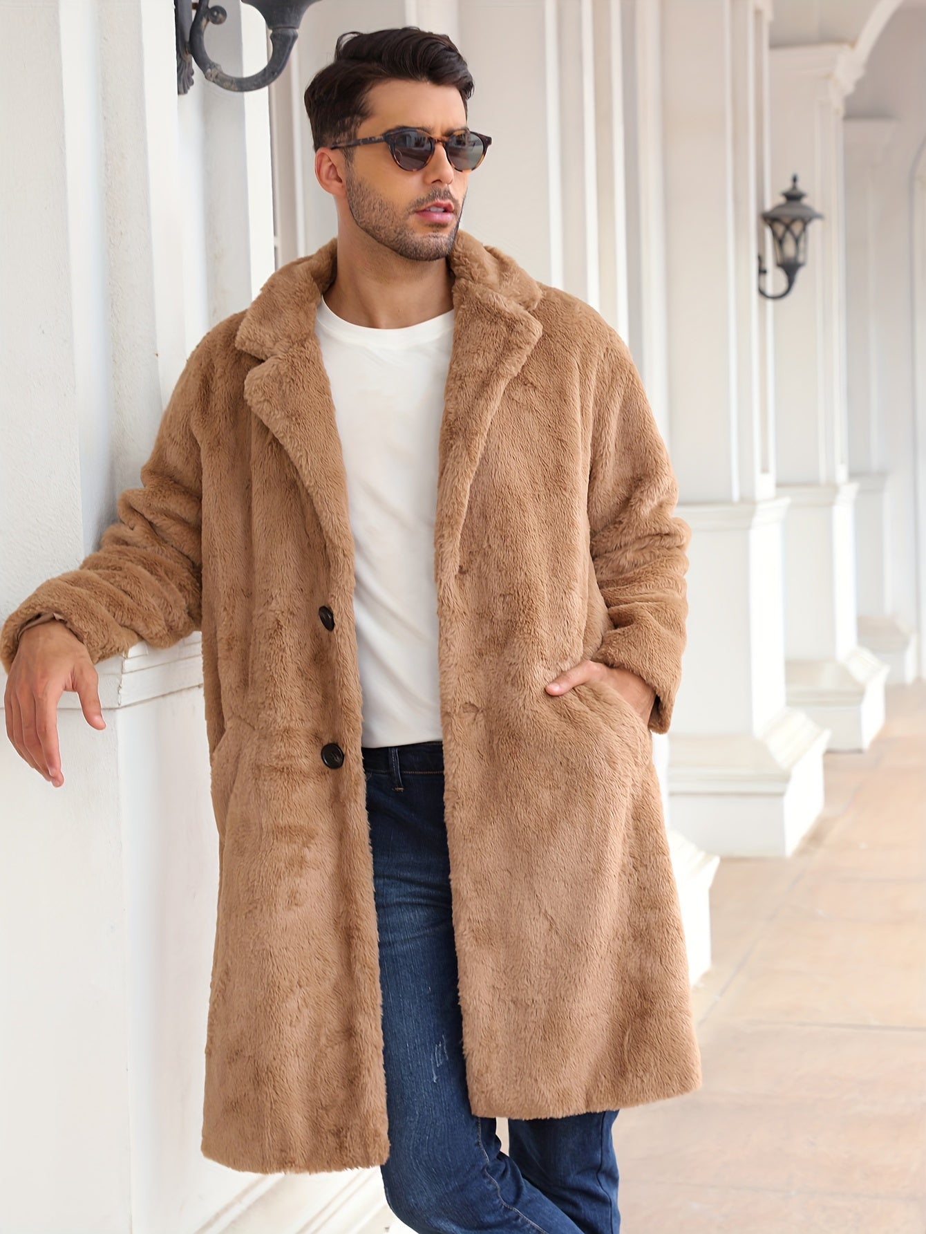 Faux Fur Coat - Men's Fluffy Mid Length Fake Fur Winter Coat-Chaps of London-Beige-S-Chaps of London