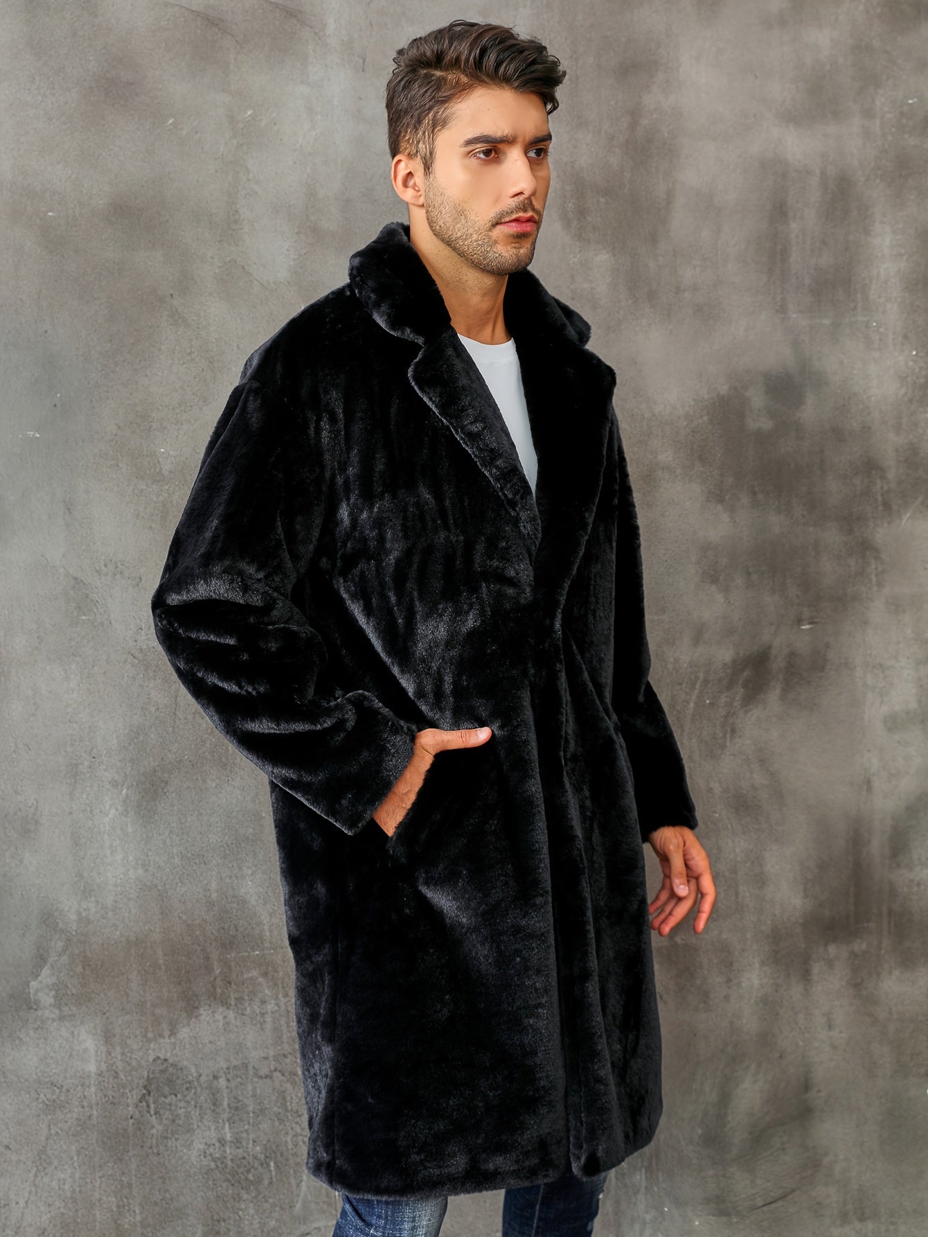 Faux Fur Coat - Men's Fluffy Mid Length Fake Fur Winter Coat-Chaps of London-Black-S-Chaps of London