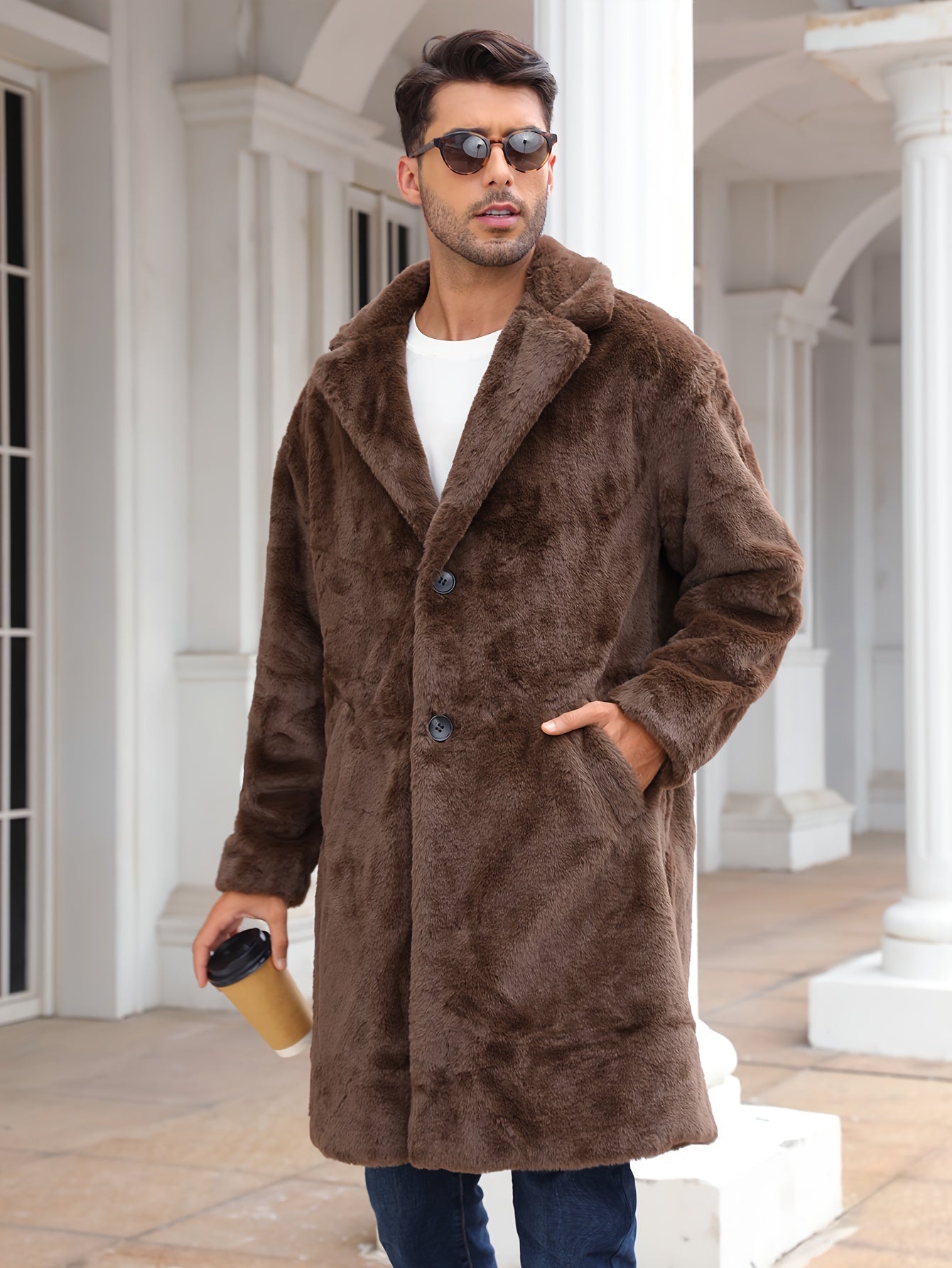 Faux Fur Coat - Men's Fluffy Mid Length Fake Fur Winter Coat-Chaps of London-Brown-S-Chaps of London
