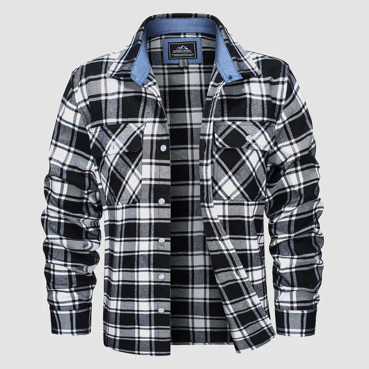 Flannel Shirt - Men's Plaid Button-Up Shirt with Breast Pockets-Coats & Jackets-Chaps of London-Black-S-Chaps of London