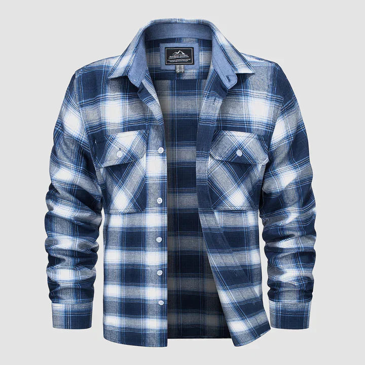Flannel Shirt - Men's Plaid Button-Up Shirt with Breast Pockets-Coats & Jackets-Chaps of London-Blue-white-S-Chaps of London