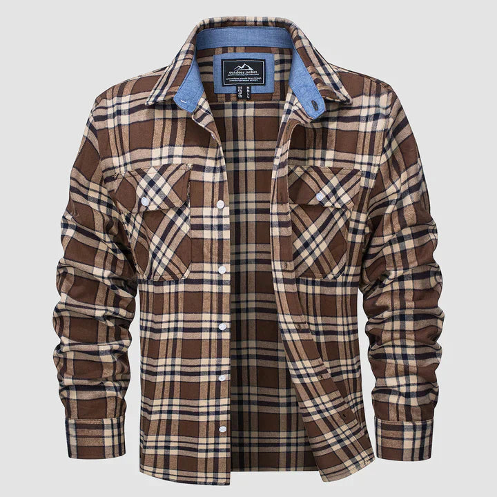 Flannel Shirt - Men's Plaid Button-Up Shirt with Breast Pockets-Coats & Jackets-Chaps of London-Brown-S-Chaps of London