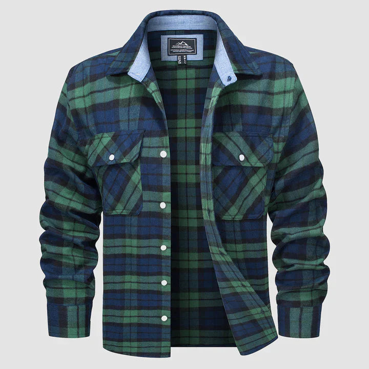 Flannel Shirt - Men's Plaid Button-Up Shirt with Breast Pockets-Coats & Jackets-Chaps of London-Green-S-Chaps of London