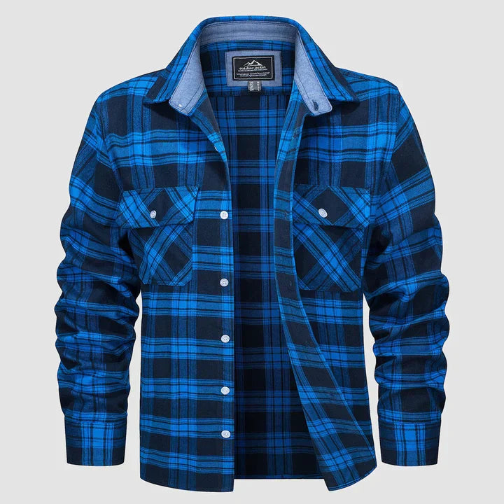 Flannel Shirt - Men's Plaid Button-Up Shirt with Breast Pockets-Coats & Jackets-Chaps of London-Light Blue-S-Chaps of London