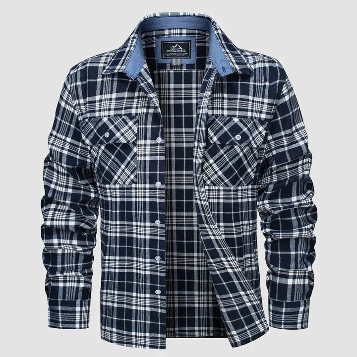 Flannel Shirt - Men's Plaid Button-Up Shirt with Breast Pockets-Coats & Jackets-Chaps of London-Navy Blue-S-Chaps of London