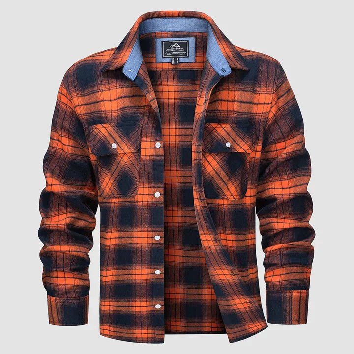 Flannel Shirt - Men's Plaid Button-Up Shirt with Breast Pockets-Coats & Jackets-Chaps of London-Orange-S-Chaps of London
