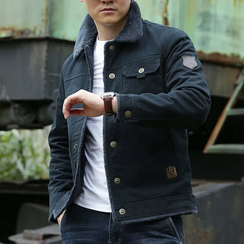 Fleece Lined Jacket | Button-Up | Breast Pocket | Winter Jacket | Men's Jacket-Chaps of London-Blue-M-Chaps of London