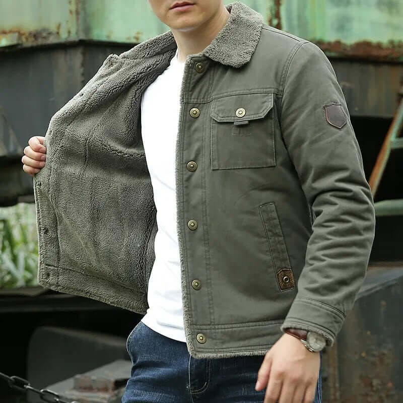 Fleece Lined Jacket | Button-Up | Breast Pocket | Winter Jacket | Men's Jacket-Chaps of London-Green-M-Chaps of London