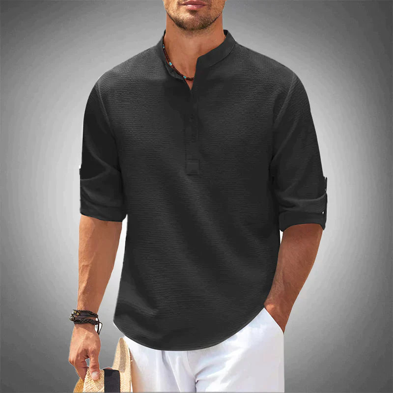 Half Button Shirt | Casual | Long Sleeve | Pullover Shirt | Men's Shirts-Chaps Herrenmode-Black-S-Chaps of London