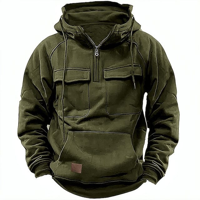 Half Zip Hoodie - Pullover - Kangaroo Pocket - Cargo Hoodie - Men's Hoodie-Hoodie-Chaps of London-Green-XS-Chaps of London