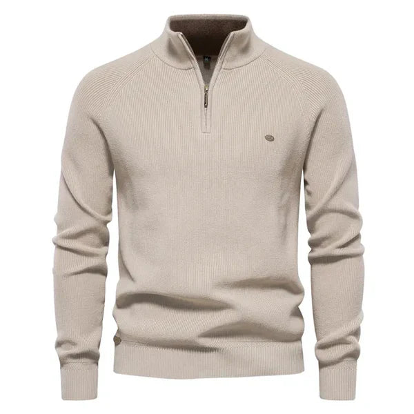 Half Zip Jumper - Cotton - Warm - Knitted Jumper - Men's Quarter Zip Sweater-Chaps of London-Khaki-S-Chaps of London