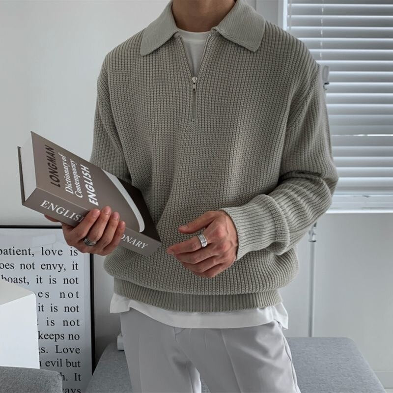 Half Zip Jumper | Rib Knit | Collared | Knitted Jumper | Men's Quarter Zip Sweater-Chaps of London-Grey-M-Chaps of London