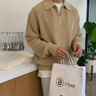 Half Zip Jumper | Rib Knit | Collared | Knitted Jumper | Men's Quarter Zip Sweater-Chaps of London-Khaki-M-Chaps of London