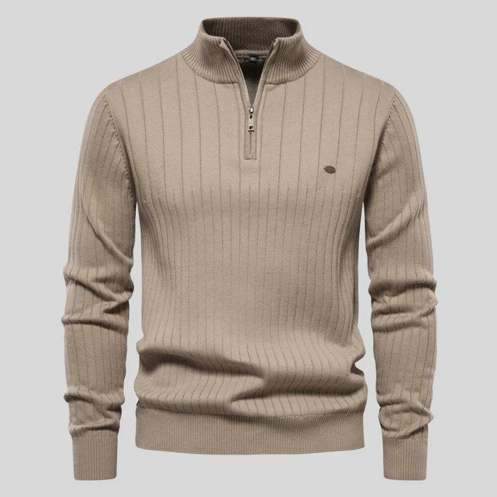 Half-zip Sweater - Long sleeves - High collar - Knitted sweater - Men's sweater-Chaps of London-Khaki-S-Chaps of London