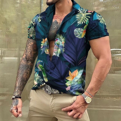 Hawaiian Shirt - Button-Up - Printed - Short Sleeve Shirt - Men's Shirts-Hawaiian Short Sleeve Shirt-Chaps of London-Navy Blue-S-Chaps of London