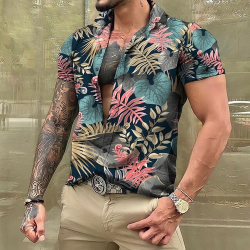 Hawaiian Shirt - Button-Up - Printed - Short Sleeve Shirt - Men's Shirts-Hawaiian Short Sleeve Shirt-Chaps of London-Turquoise-S-Chaps of London