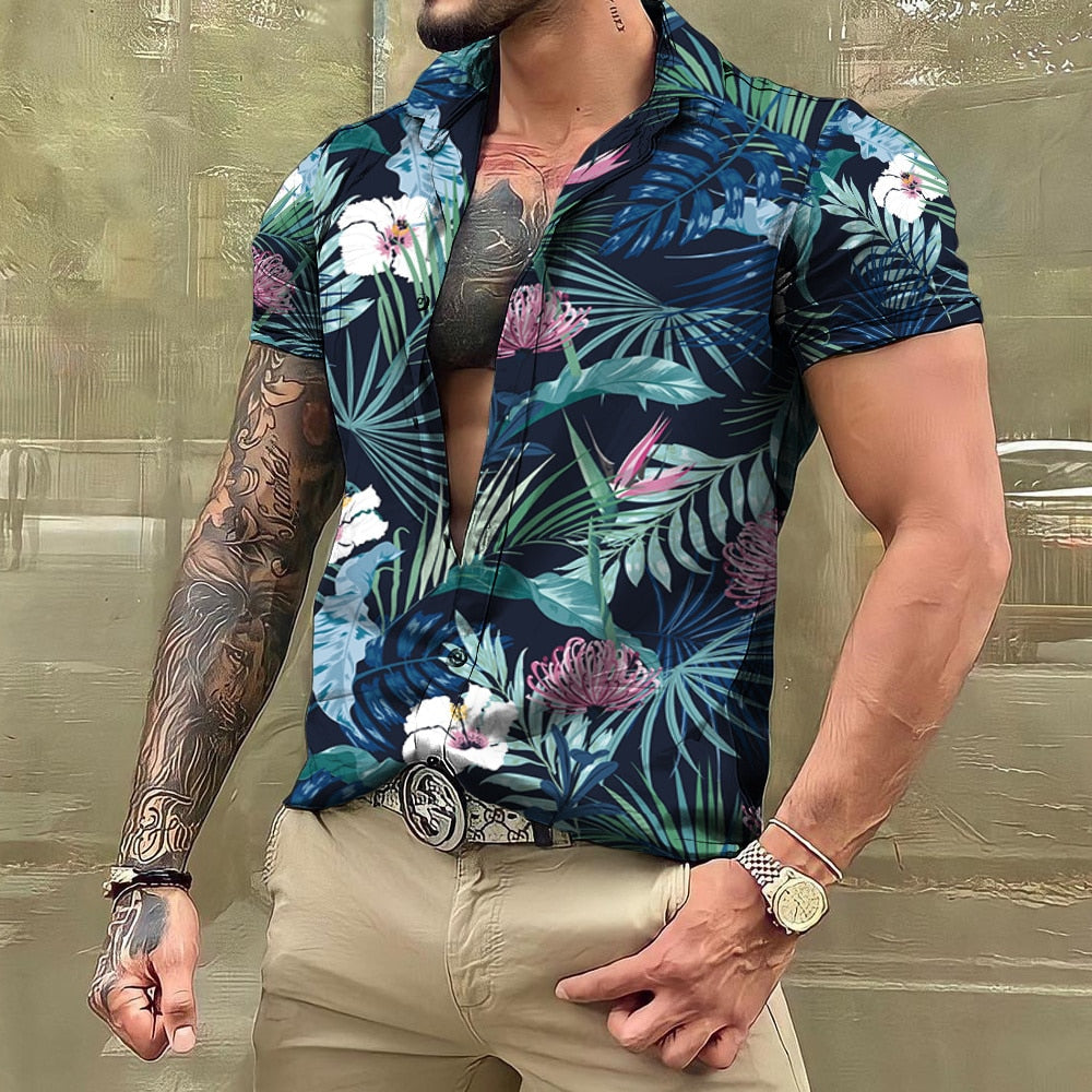 Hawaiian Shirt - Button-Up - Printed - Short Sleeve Shirt - Men's Shirts-Hawaiian Short Sleeve Shirt-Chaps of London-multi-S-Chaps of London