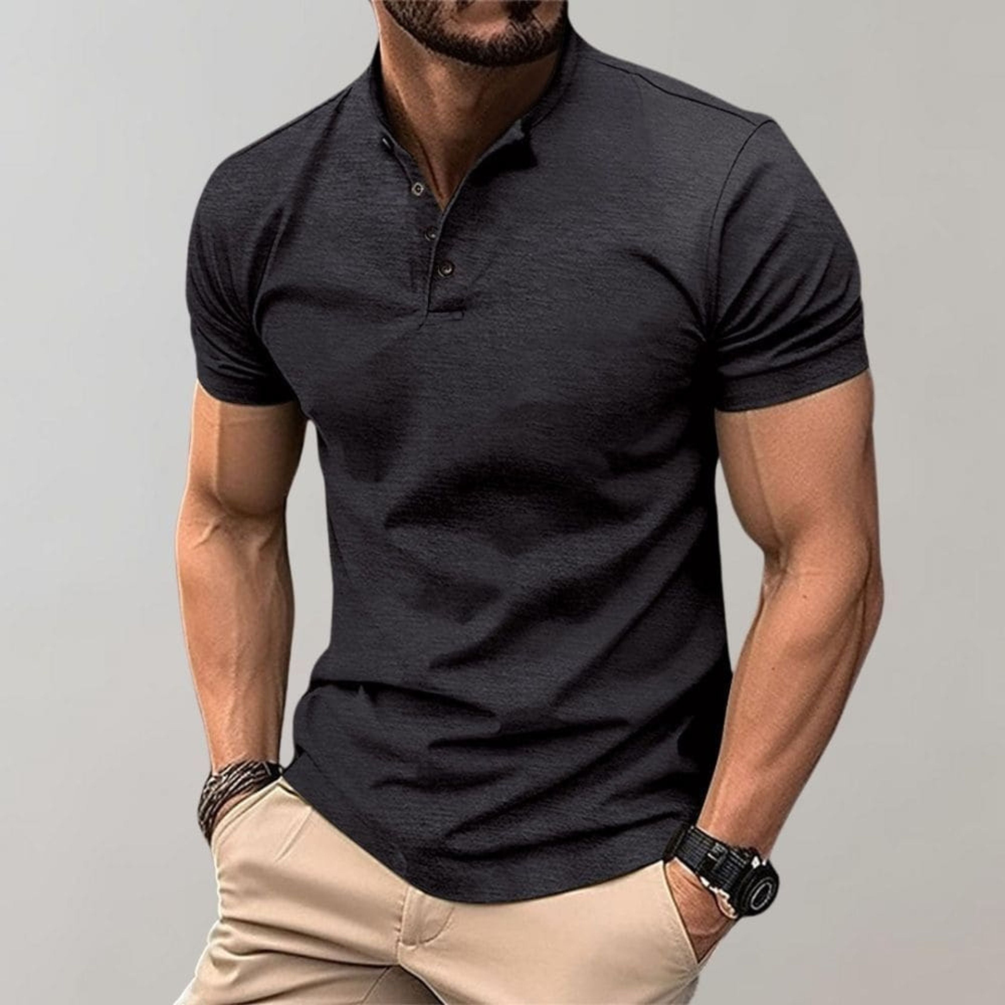 Henley Shirt - Men's Short Sleeve Plain Button Neck Polo T-Shirt-Polo Shirt-Chaps of London-Black-S-Chaps of London