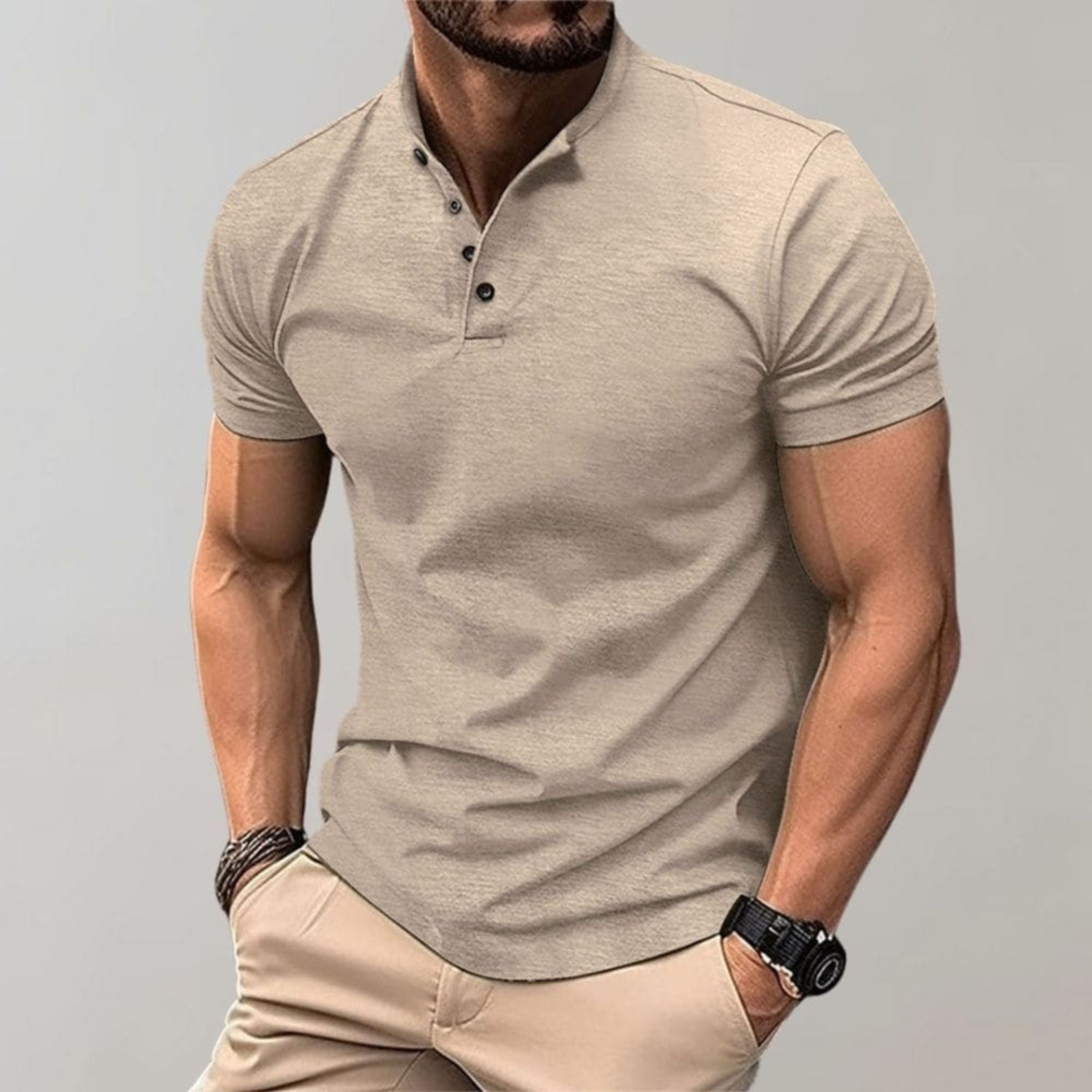 Henley Shirt - Men's Short Sleeve Plain Button Neck Polo T-Shirt-Polo Shirt-Chaps of London-Khaki-S-Chaps of London