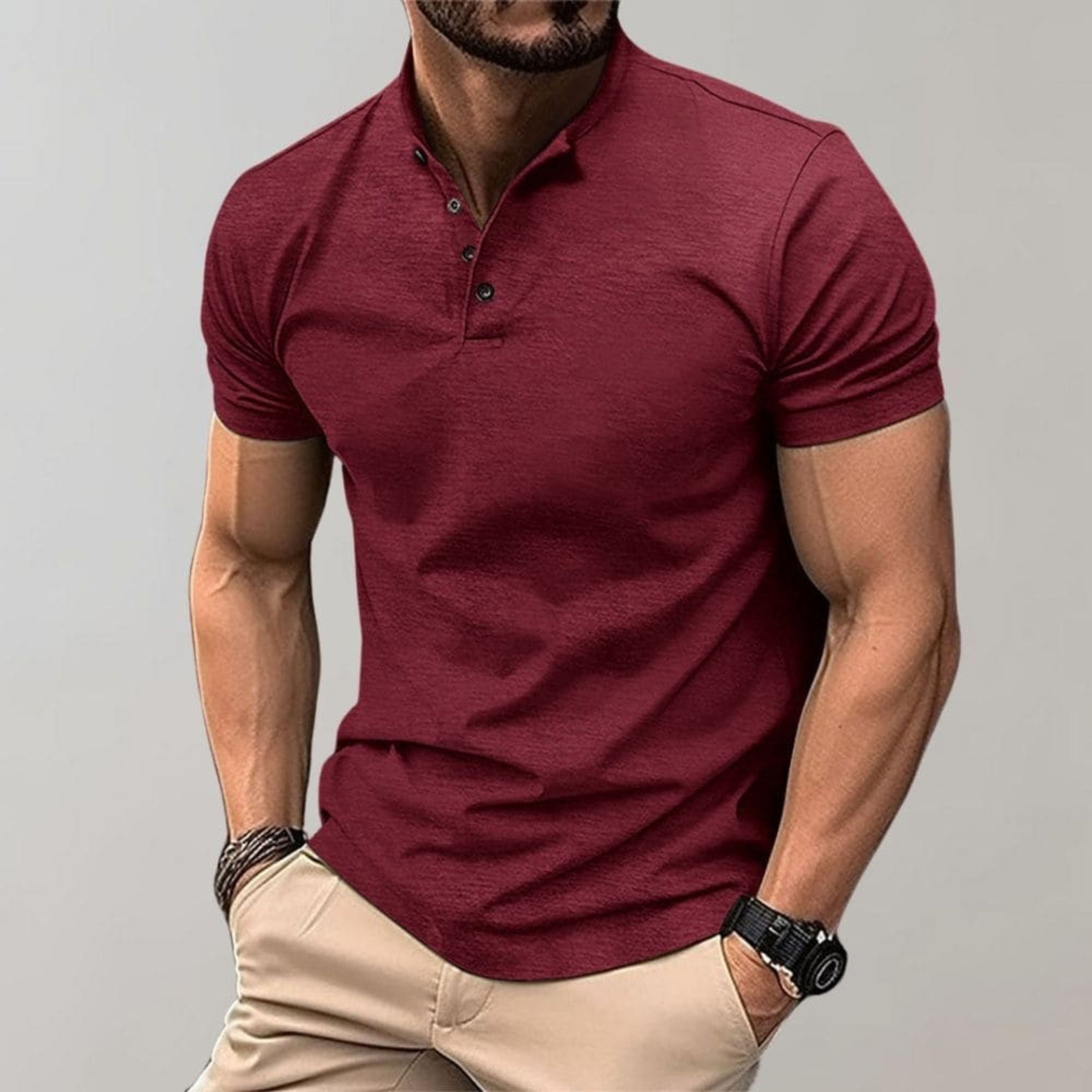 Henley Shirt - Men's Short Sleeve Plain Button Neck Polo T-Shirt-Polo Shirt-Chaps of London-Red-S-Chaps of London