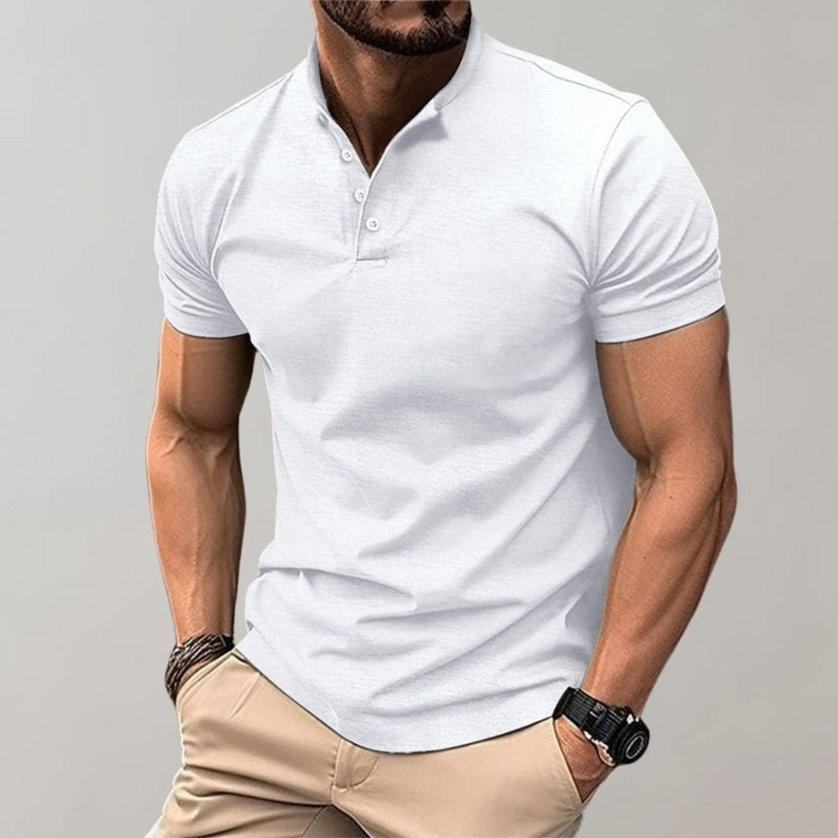 Henley Shirt - Men's Short Sleeve Plain Button Neck Polo T-Shirt-Polo Shirt-Chaps of London-White-S-Chaps of London