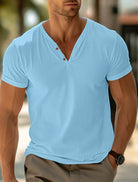 Henley Shirt | V-Neck | Short Sleeve | Button Tshirt | Men's Summer Shirt -Chaps of London-Blue-S-Chaps of London