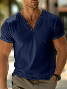 Henley Shirt | V-Neck | Short Sleeve | Button Tshirt | Men's Summer Shirt -Chaps of London-Navy Blue-S-Chaps of London