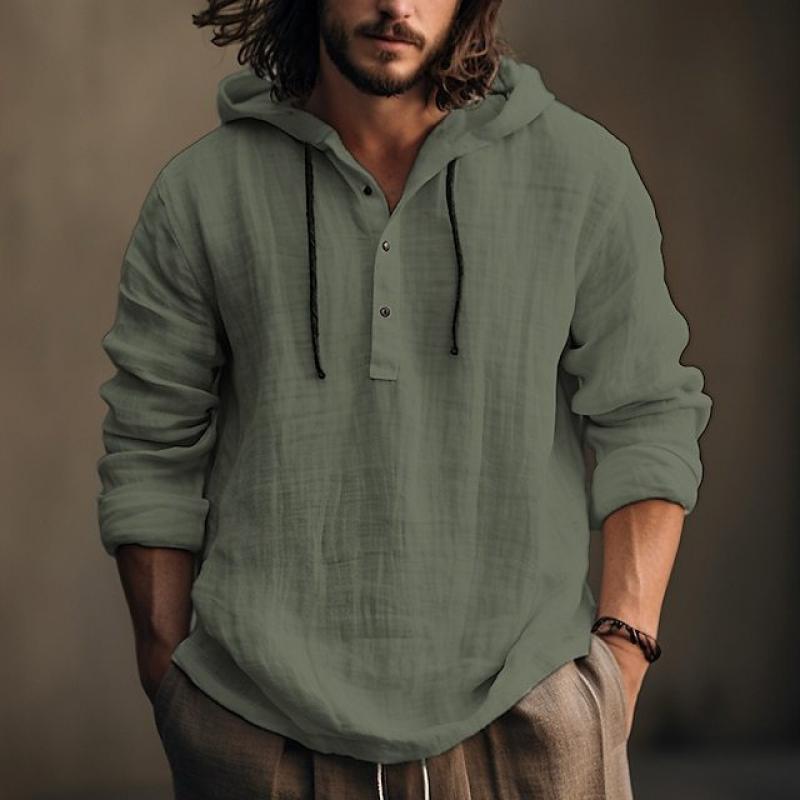 Hooded Shirt - Button-Up - Loose Fit - Linen Hoodie - Men's Clothing-Shirts & Tops-Chaps of London-Army Green-S-Chaps of London