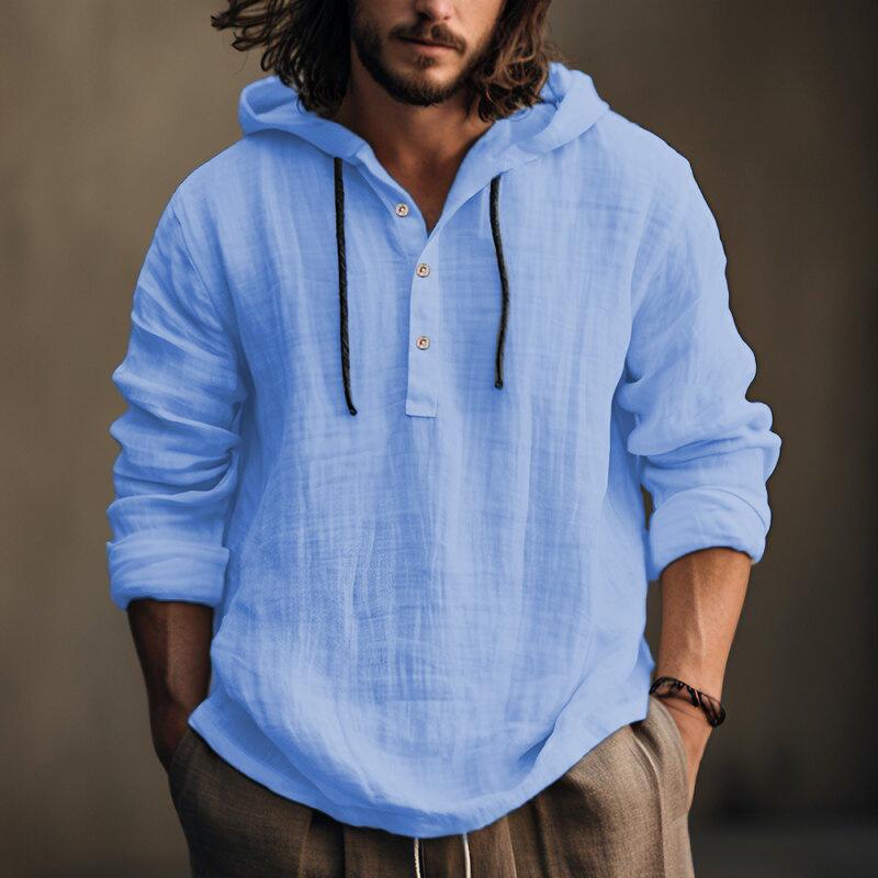 Hooded Shirt - Button-Up - Loose Fit - Linen Hoodie - Men's Clothing-Shirts & Tops-Chaps of London-Blue-S-Chaps of London