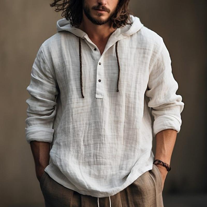 Hooded Shirt - Button-Up - Loose Fit - Linen Hoodie - Men's Clothing-Shirts & Tops-Chaps of London-White-S-Chaps of London